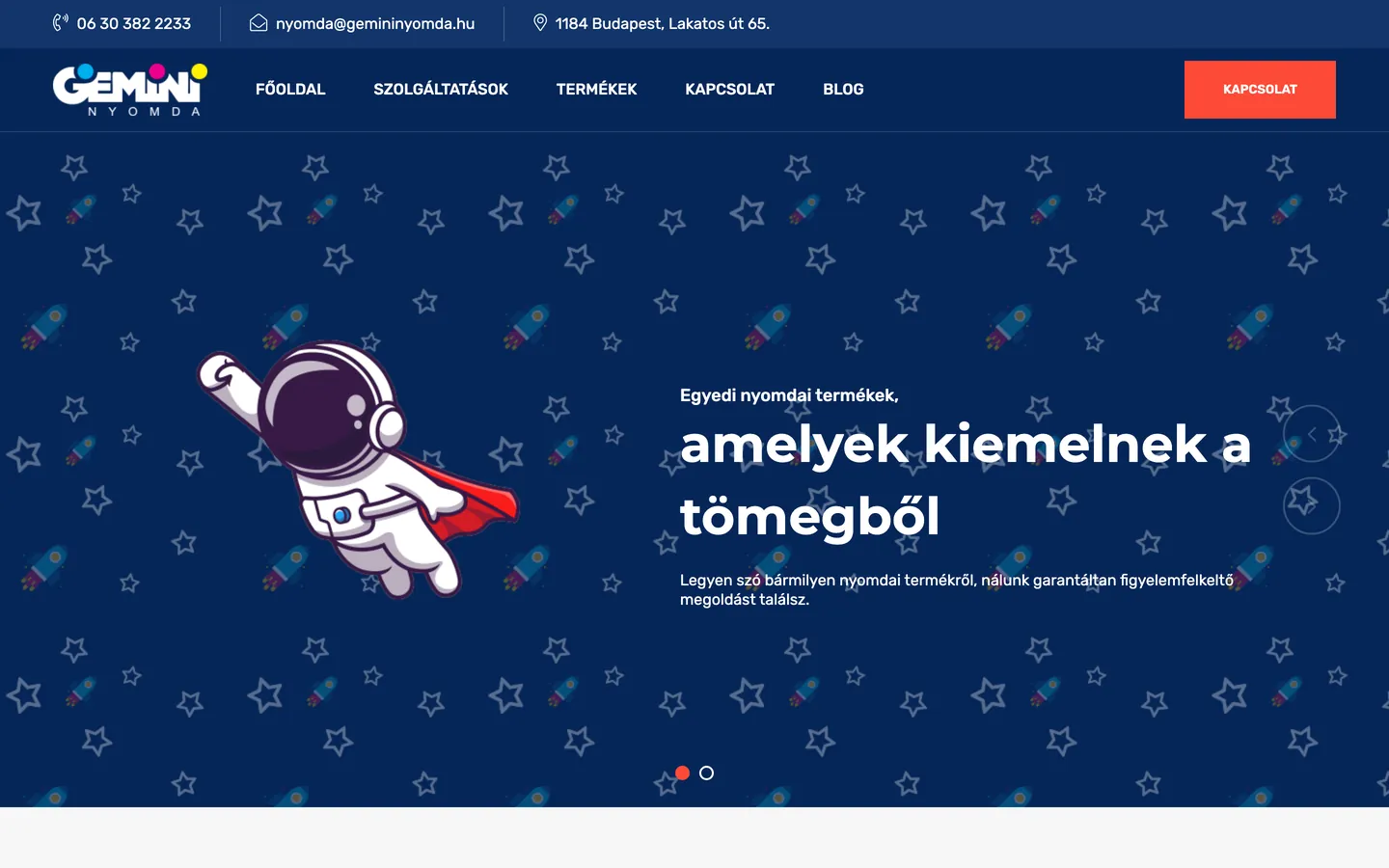 Gemini Nyomda weboldalának nyitóképernyője