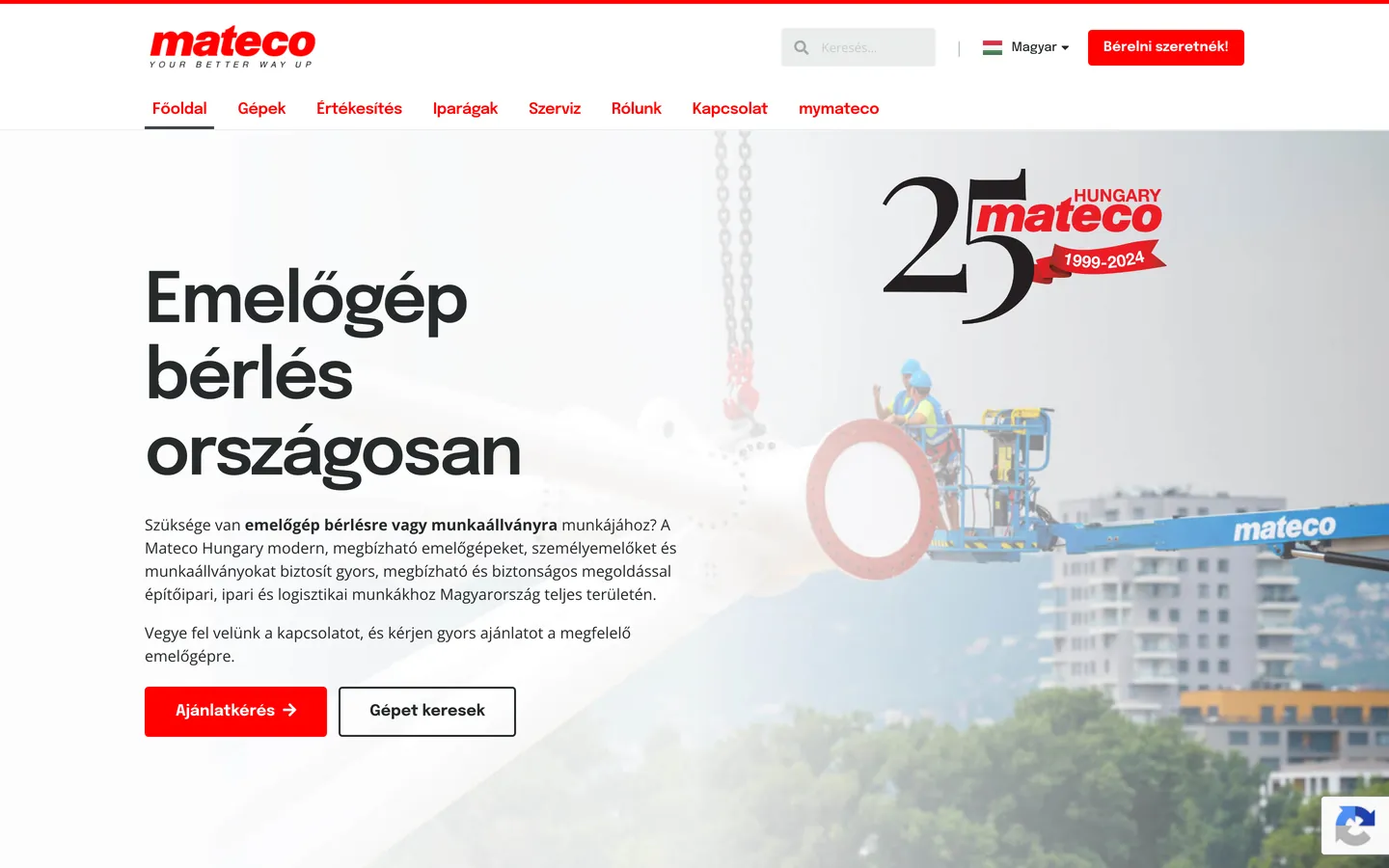 Mateco Hungary weboldalának nyitóképernyője