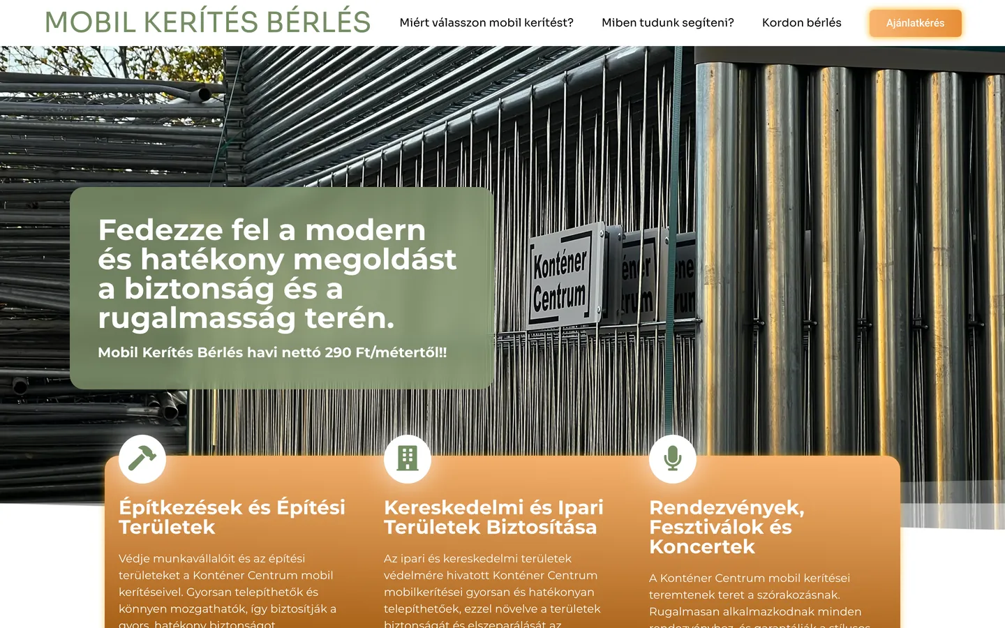 Mobil kerítés bérlés weboldalának nyitóképernyője