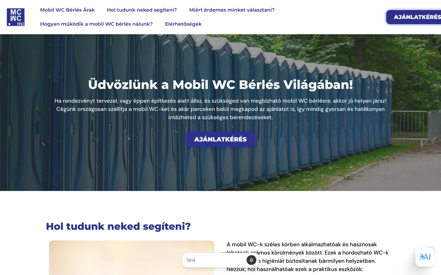 Mobil WC bérlés weboldalának nyitóképernyője