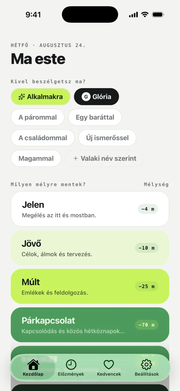 A Fathm kezdőképernyője a beszélgetőpartnerekkel és a mélységi témákkal
