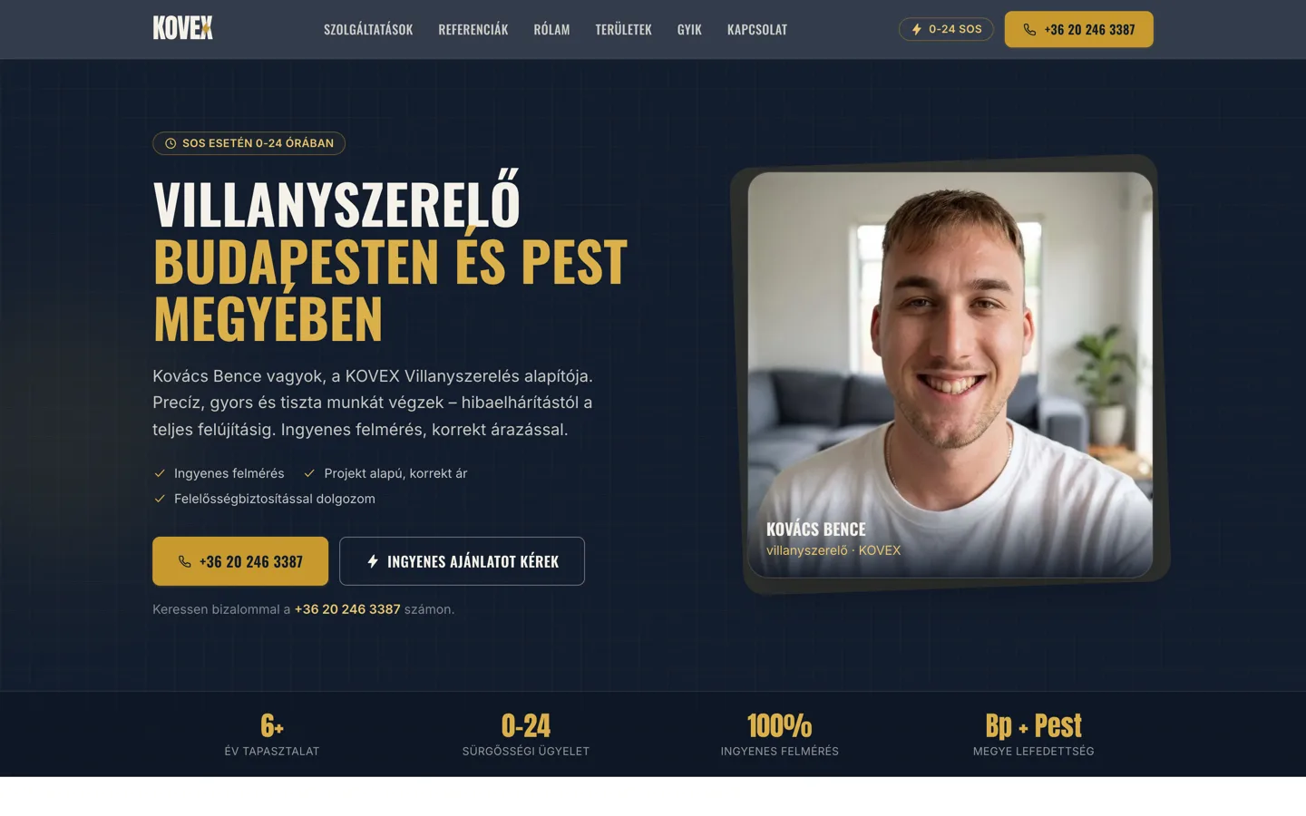 KOVEX Villanyszerelés weboldalának nyitóképernyője