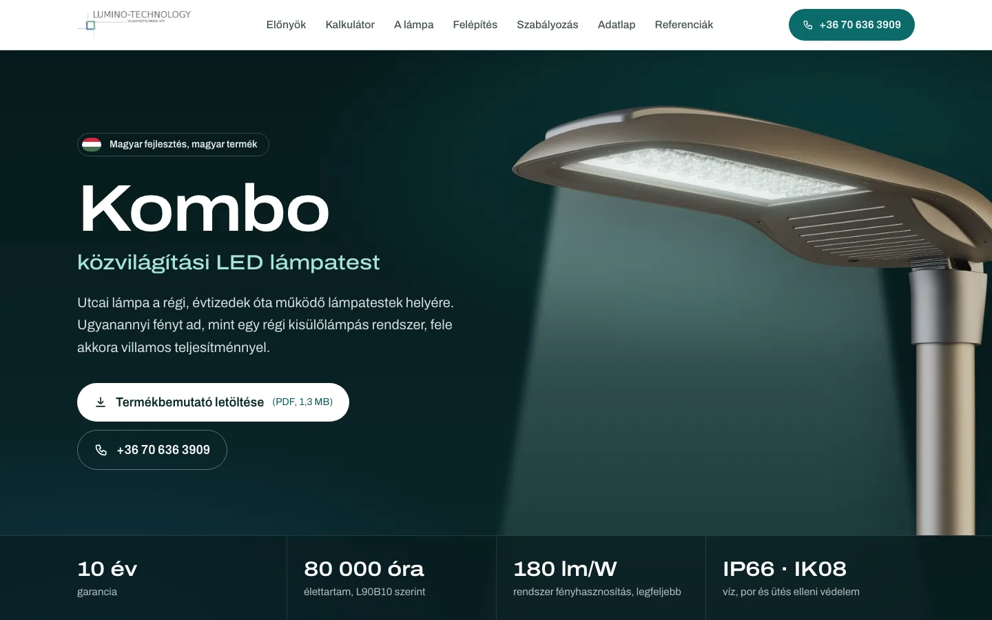 Kombo közvilágítás weboldalának nyitóképernyője