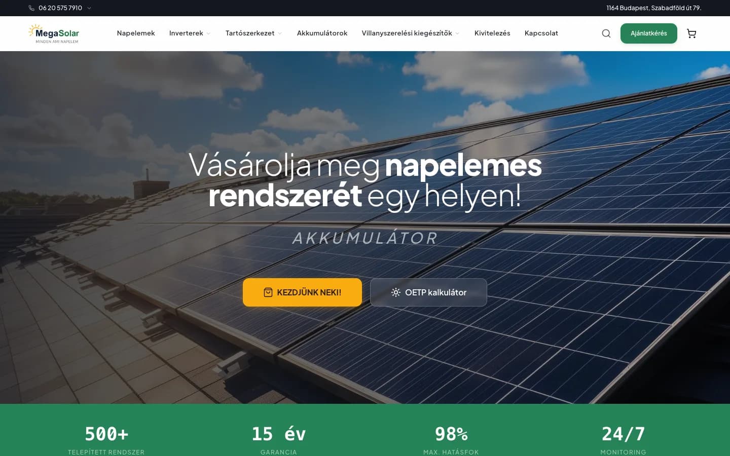 A megasolar.hu nyitóképernyője