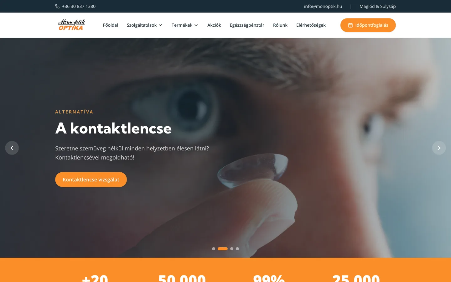 Monoptik Optika weboldalának nyitóképernyője
