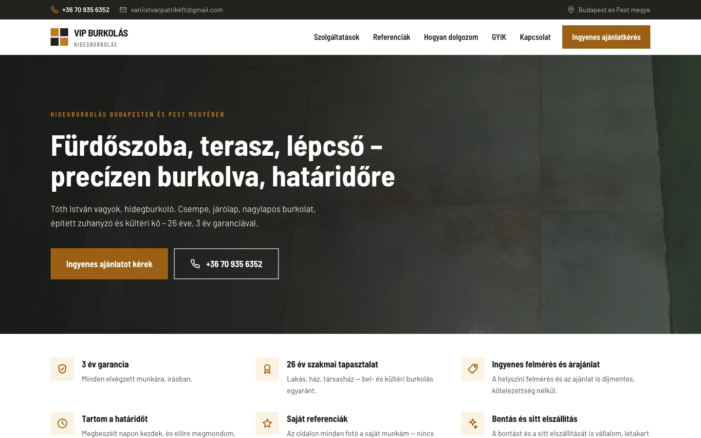 VIP Burkolás weboldalának nyitóképernyője